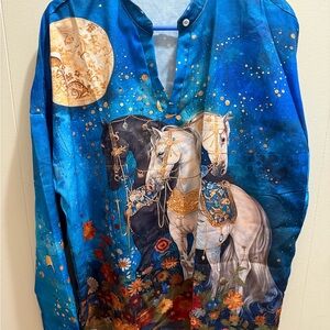 Enchanting Blue Horse Print Kids Blouse